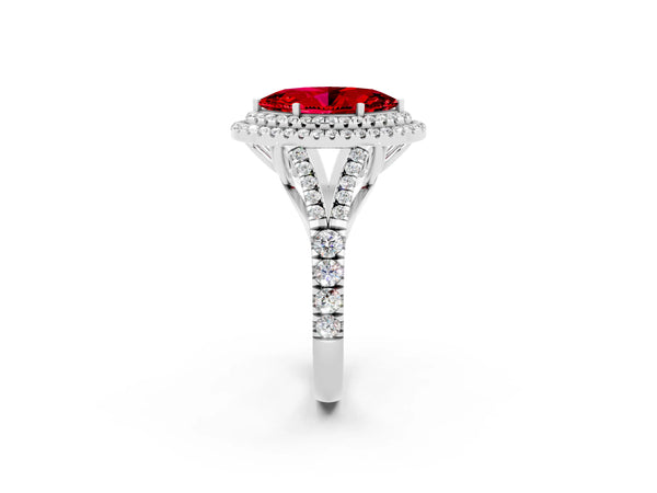 White gold Marquise Cut Ruby Pavé Split Shank Double Halo Engagement Ring