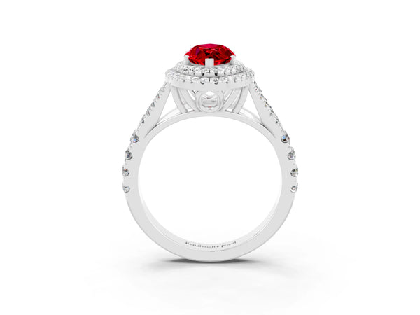 White gold Marquise Cut Ruby Pavé Split Shank Double Halo Engagement Ring