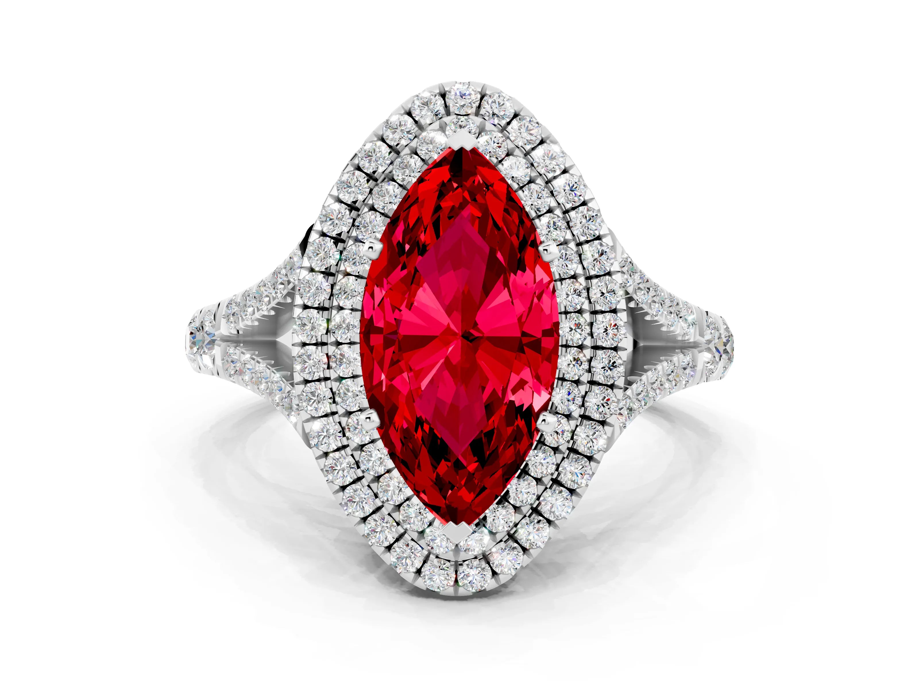 White gold Marquise Cut Ruby Pavé Split Shank Double Halo Engagement Ring