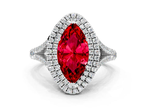 White gold Marquise Cut Ruby Pavé Split Shank Double Halo Engagement Ring