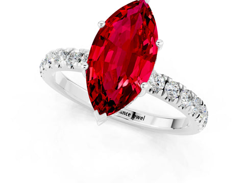 White gold Marquise Cut Ruby Pave Band Solitaire Ring with Four-Prong Setting_25