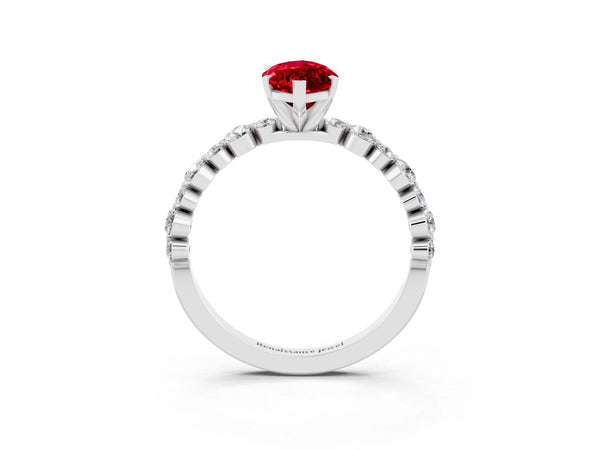 White gold Marquise Cut Ruby Prong Set Engagement Ring with Pavé Band