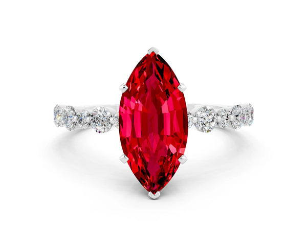 White gold Marquise Cut Ruby Prong Set Engagement Ring with Pavé Band