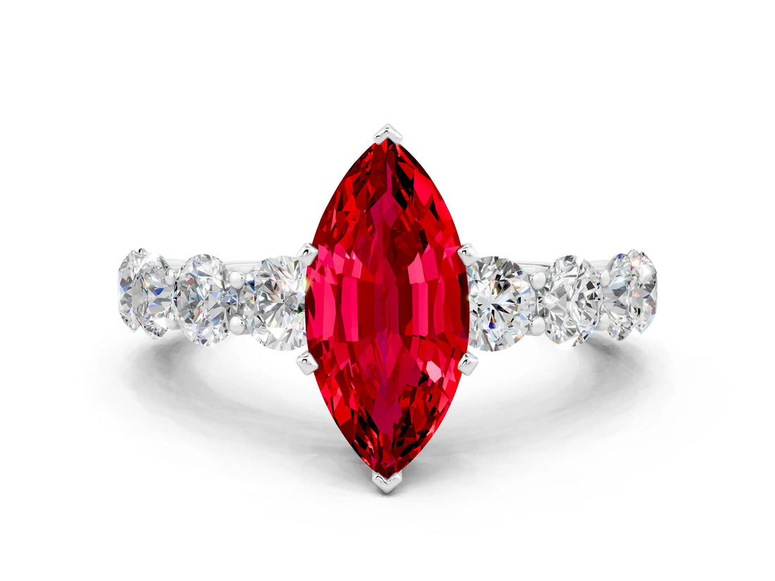 White gold Marquise Cut Ruby Prong Setting with Side Stones on a Pave Band