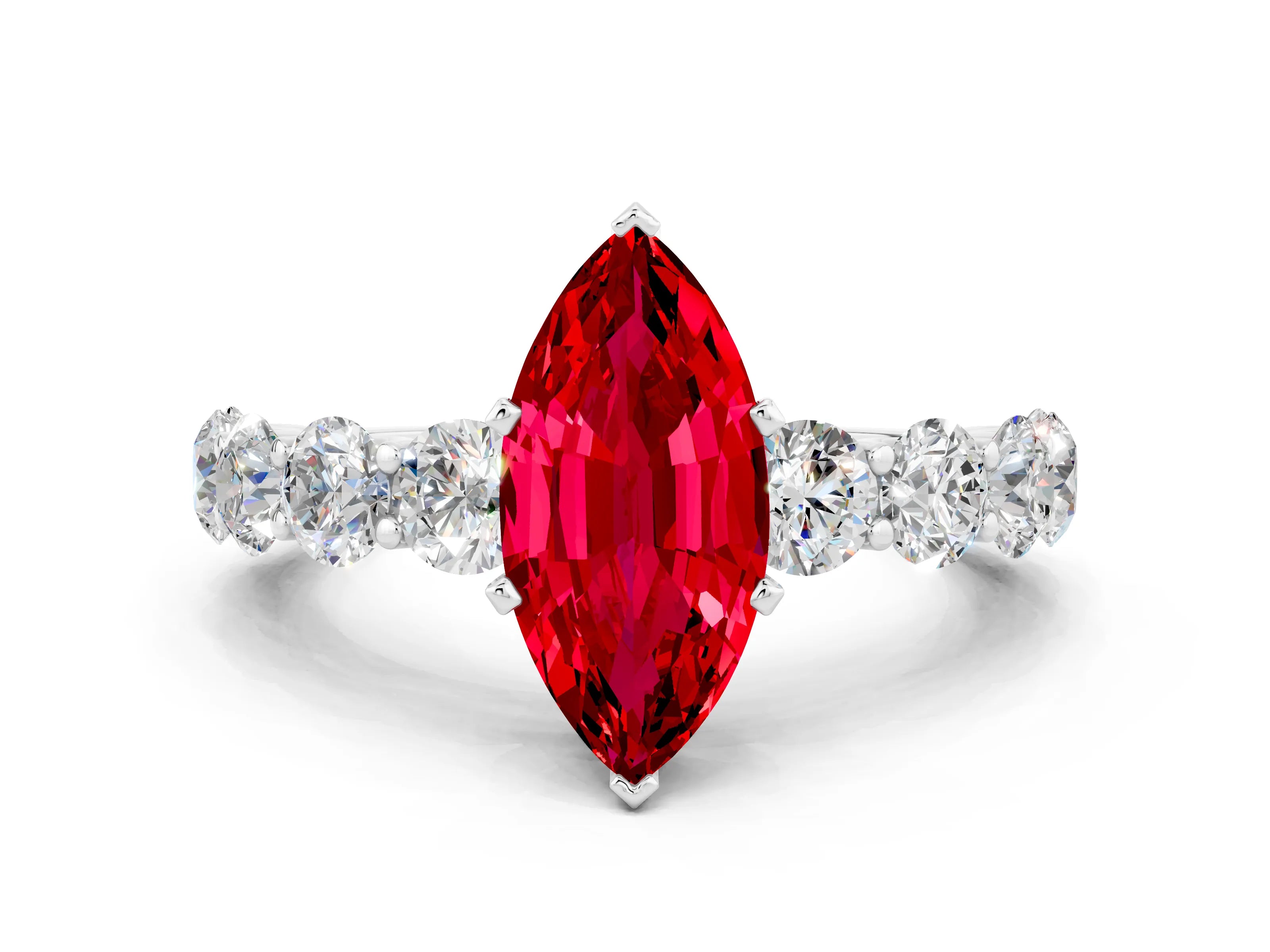 White gold Marquise Cut Ruby Prong Setting with Side Stones on a Pave Band