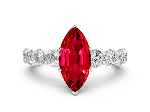 White gold Marquise Cut Ruby Prong Setting with Side Stones on a Pave Band