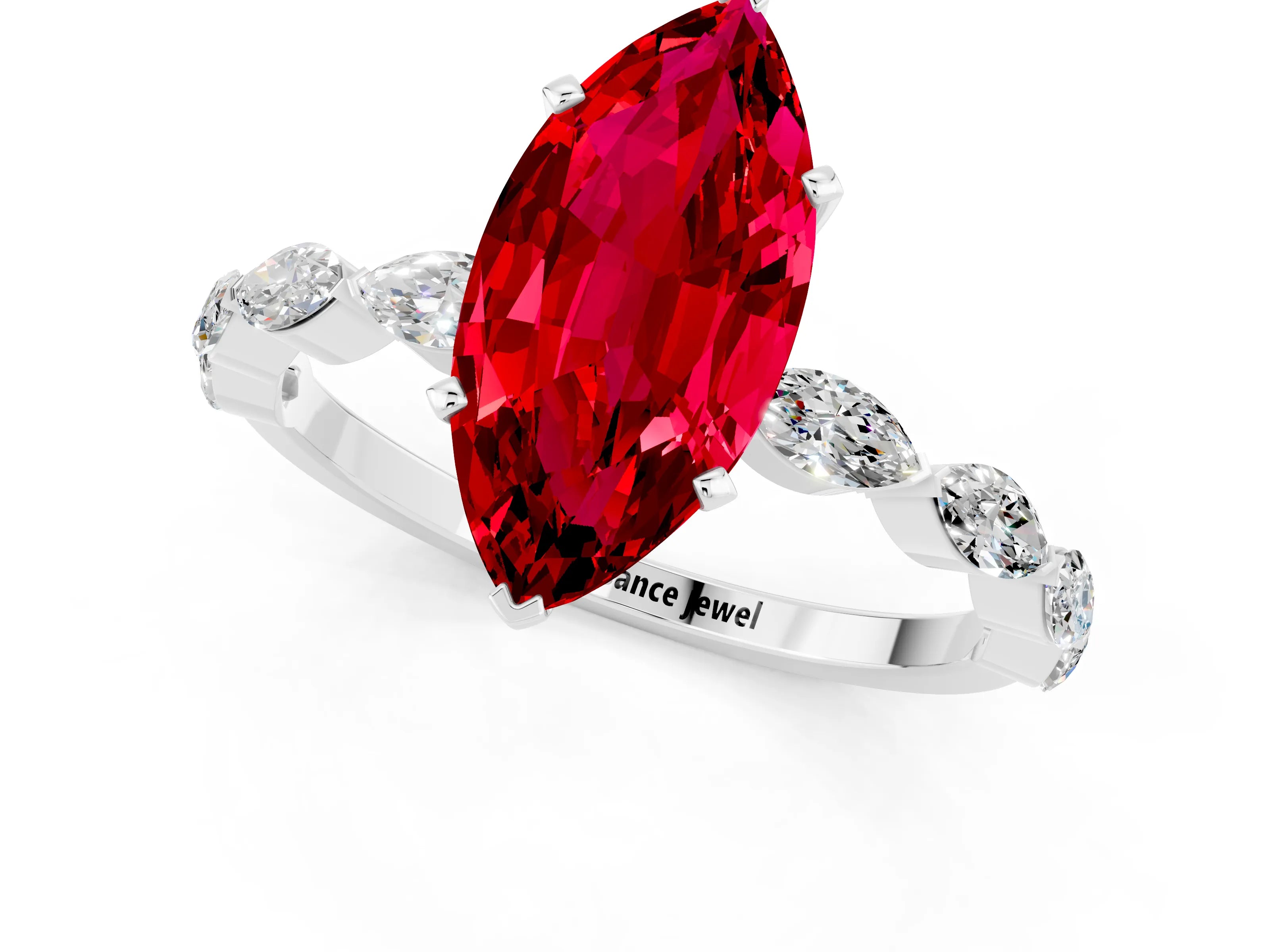 White gold Marquise Cut Ruby Ring with Marquise Side Stones and Prong Setting_1