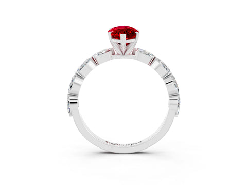 White gold Marquise Cut Ruby Ring with Marquise Side Stones and Prong Setting_3