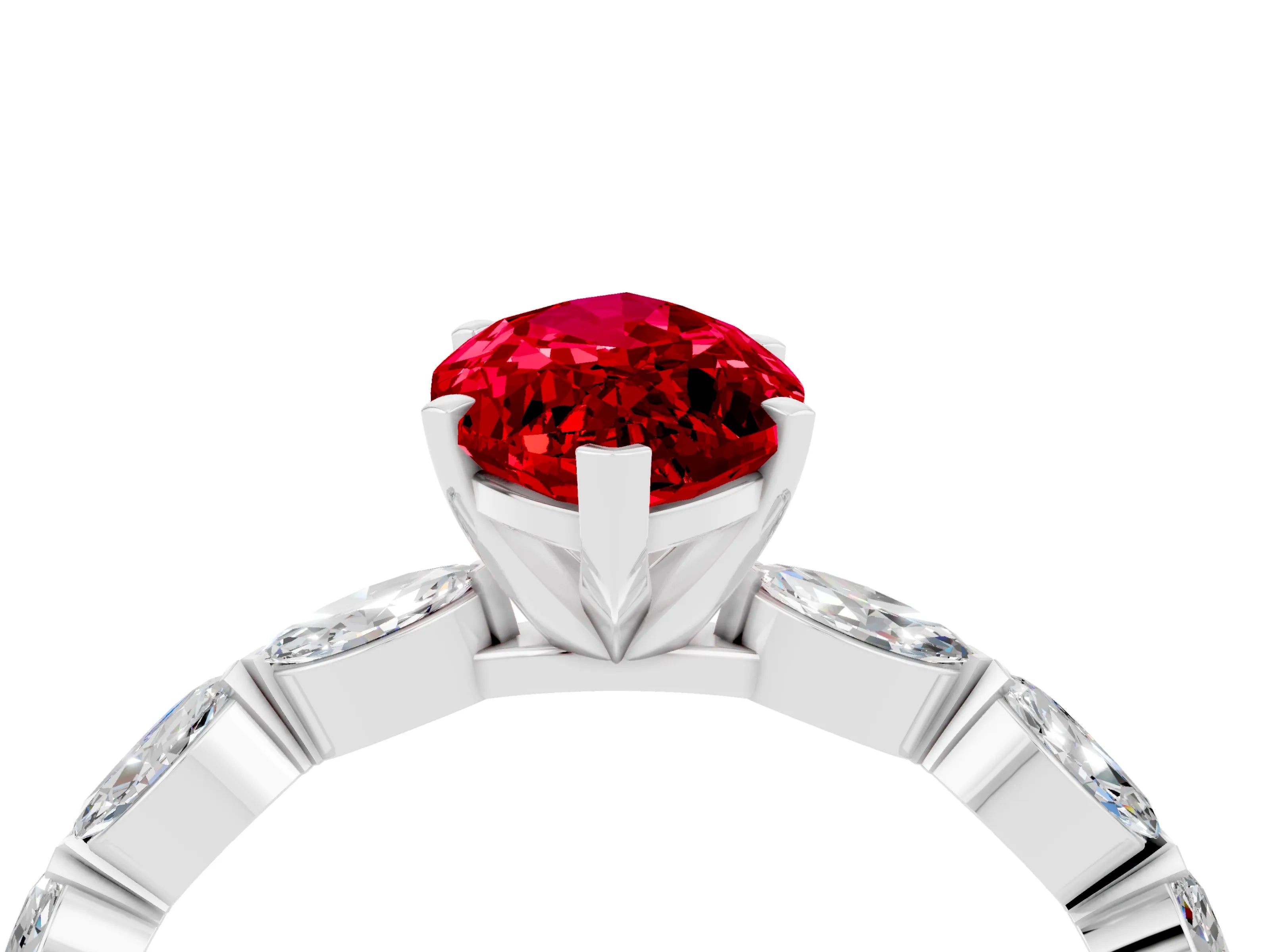 White gold Marquise Cut Ruby Ring with Marquise Side Stones and Prong Setting_4