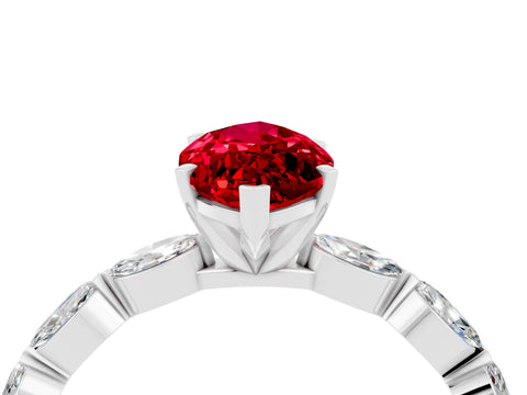 White gold Marquise Cut Ruby Ring with Marquise Side Stones and Prong Setting_4