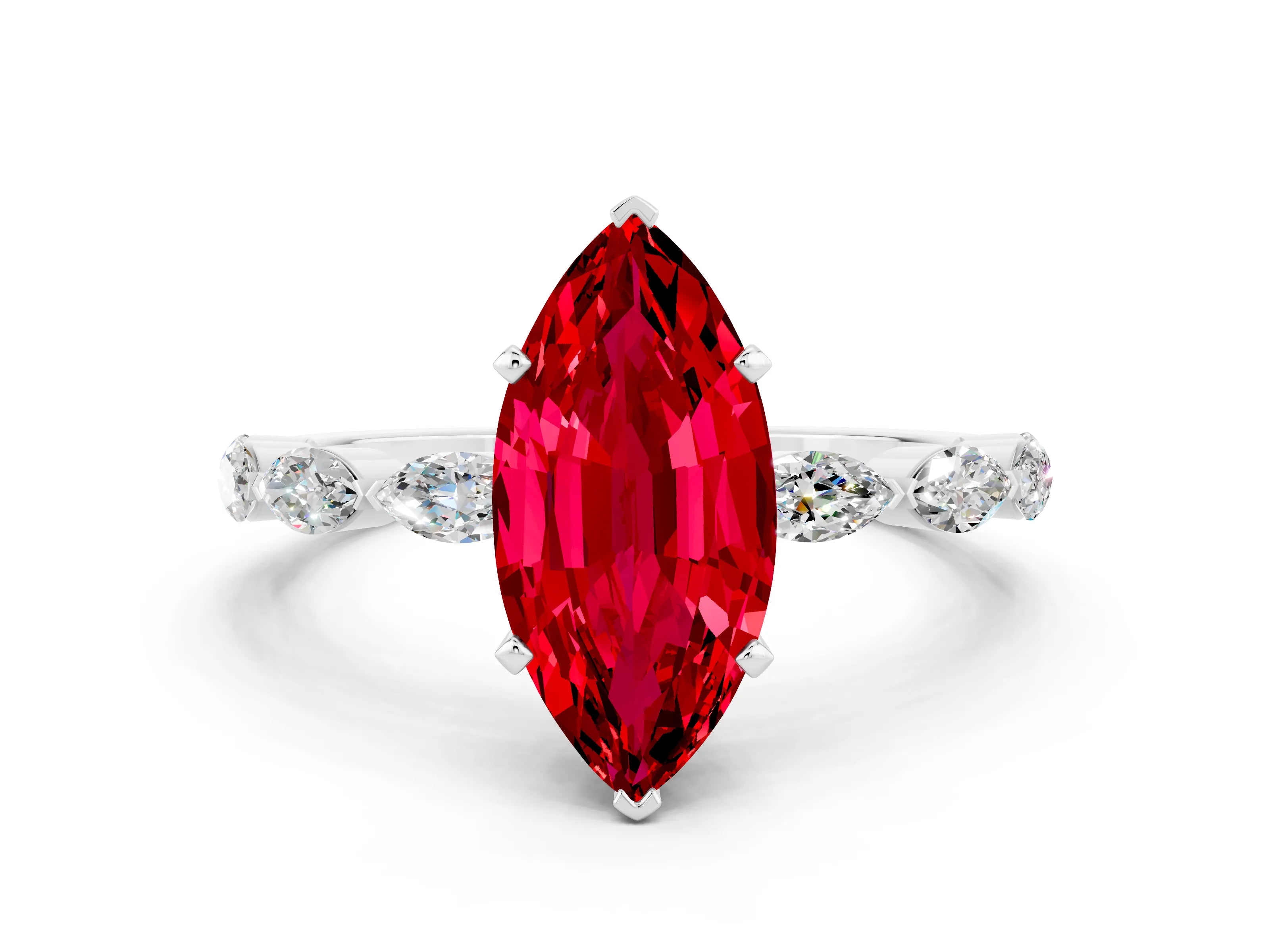 White gold Marquise Cut Ruby Ring with Marquise Side Stones and Prong Setting