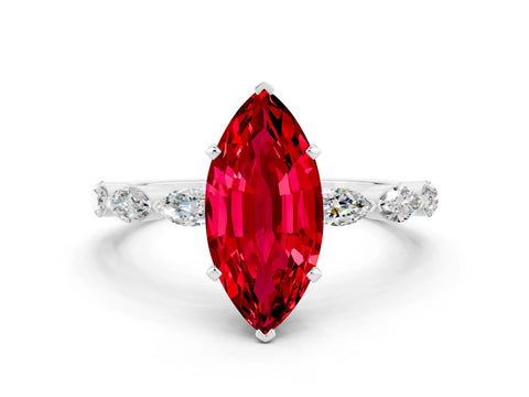 White gold Marquise Cut Ruby Ring with Marquise Side Stones and Prong Setting