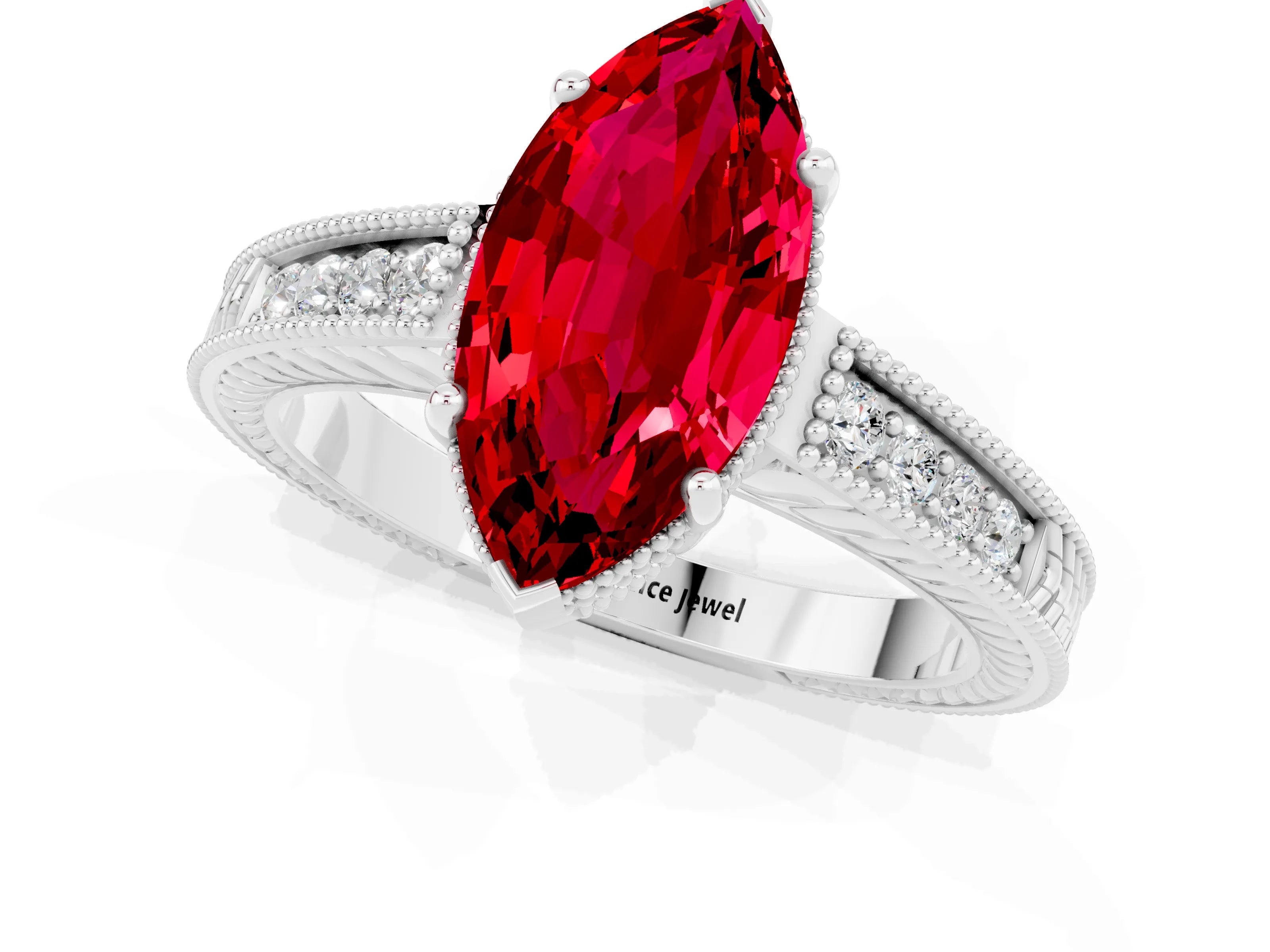 White gold Marquise Cut Ruby Ring with Milgrain Pavé Band and Four-Prong Setting_13
