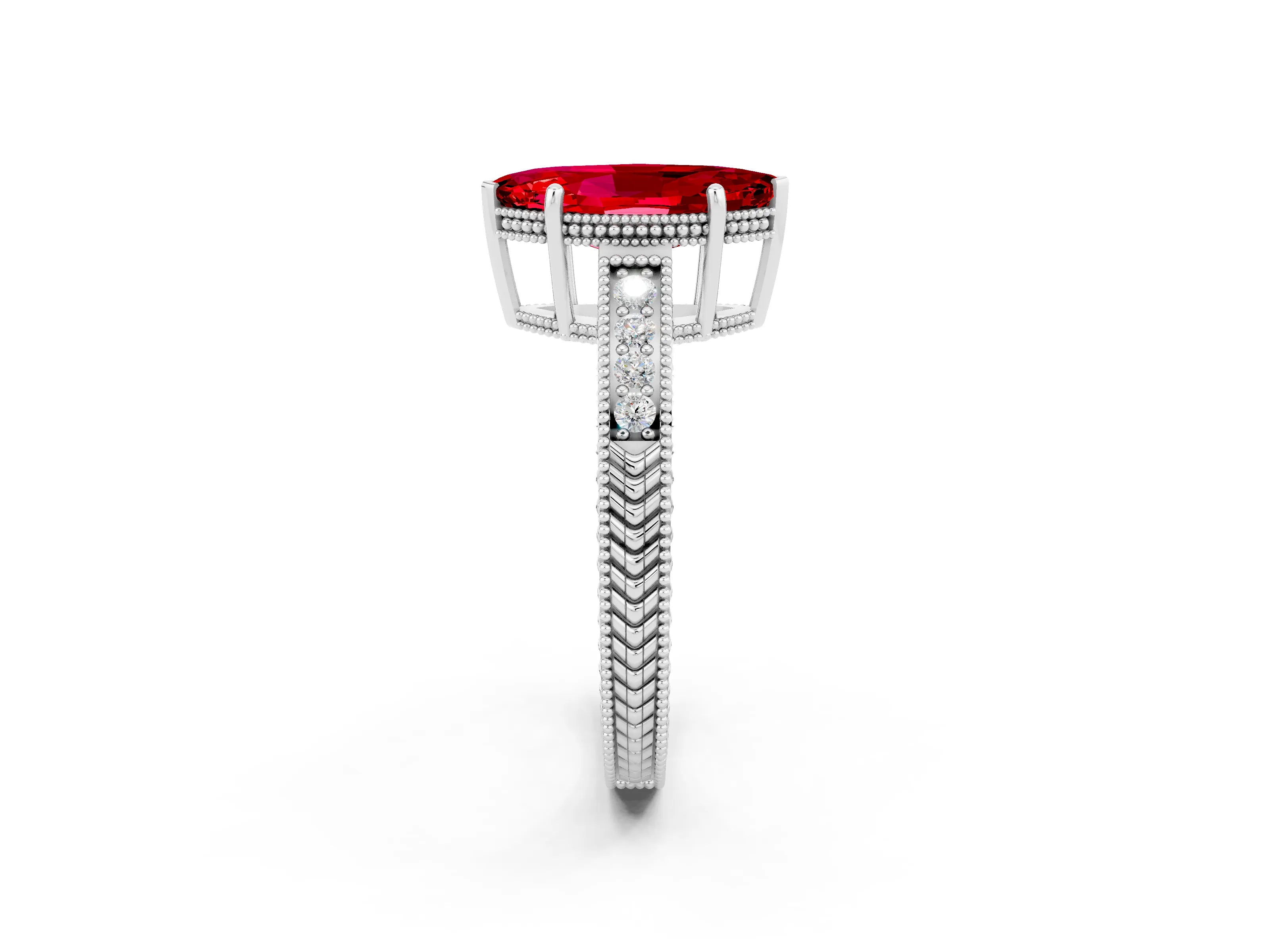 White gold Marquise Cut Ruby Ring with Milgrain Pavé Band and Four-Prong Setting_14