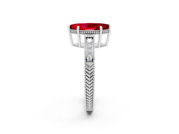 White gold Marquise Cut Ruby Ring with Milgrain Pavé Band and Four-Prong Setting