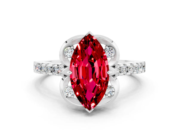 Platinum Marquise Cut Ruby Ring with Pavé Band and Floral Prong Setting