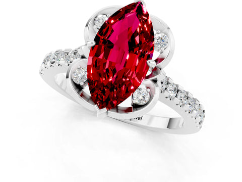 White gold Marquise Cut Ruby Ring with Pavé Band and Floral Prong Setting_1