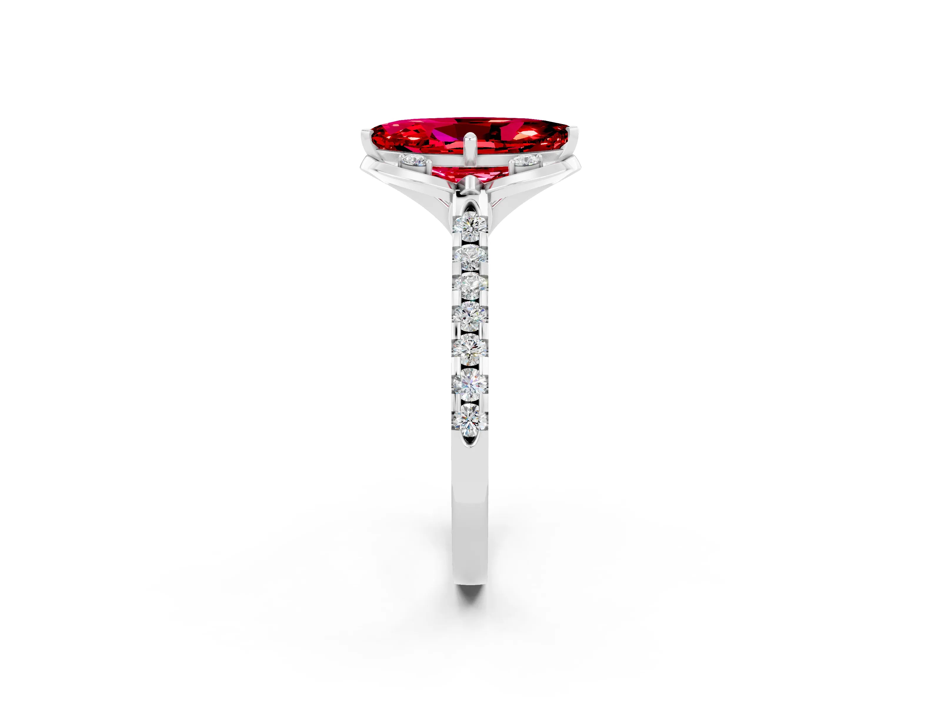 White gold Marquise Cut Ruby Ring with Pavé Band and Floral Prong Setting_2