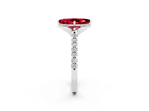 White gold Marquise Cut Ruby Ring with Pavé Band and Floral Prong Setting_2
