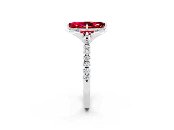 White gold Marquise Cut Ruby Ring with Pavé Band and Floral Prong Setting