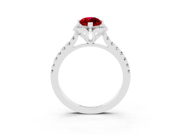 Platinum Marquise Cut Ruby Ring with Pavé Band and Floral Prong Setting