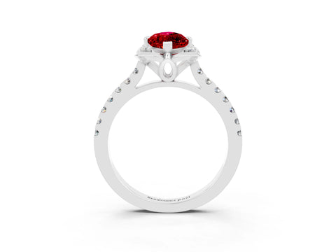 White gold Marquise Cut Ruby Ring with Pavé Band and Floral Prong Setting_3