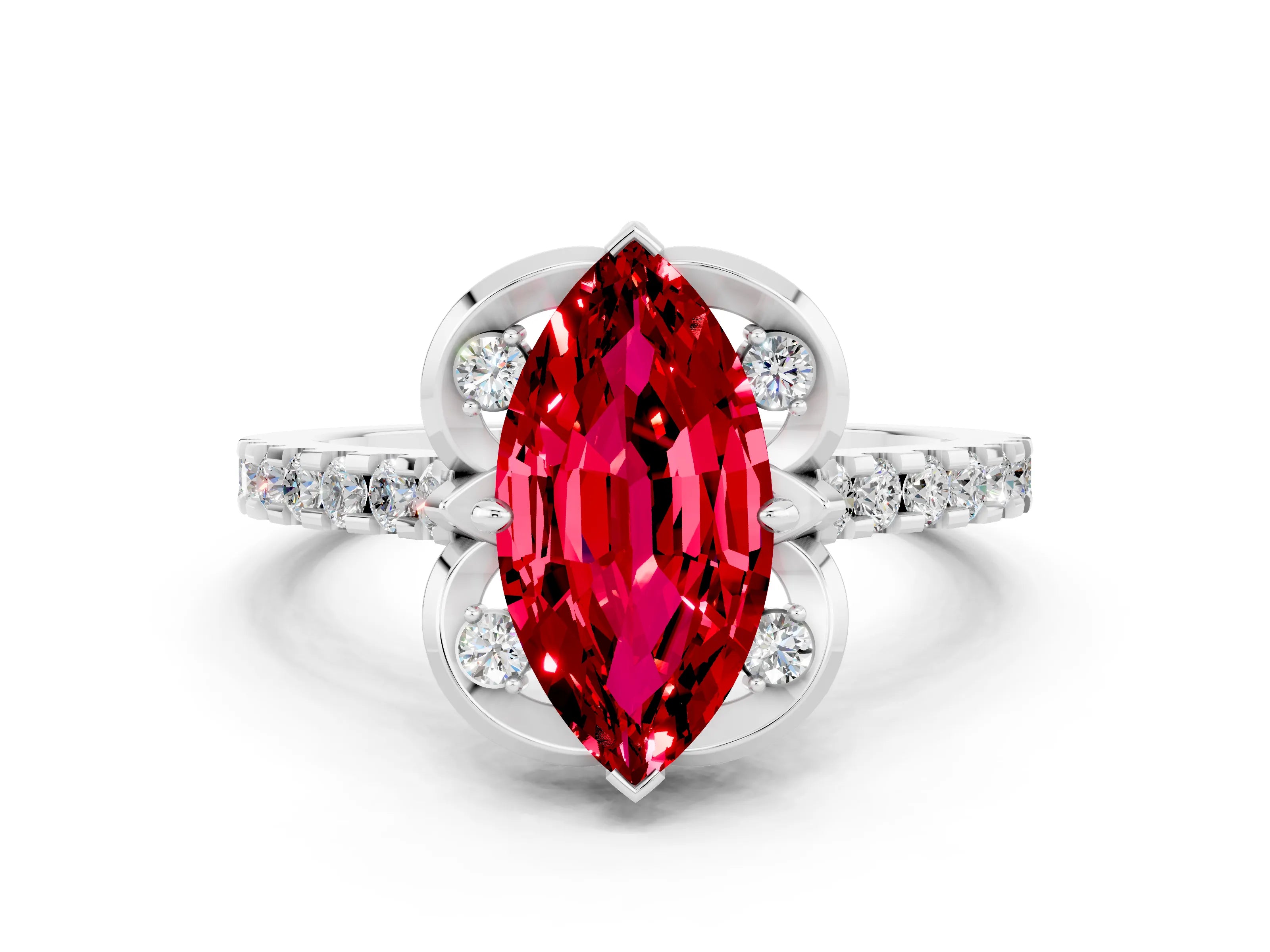 White gold Marquise Cut Ruby Ring with Pavé Band and Floral Prong Setting