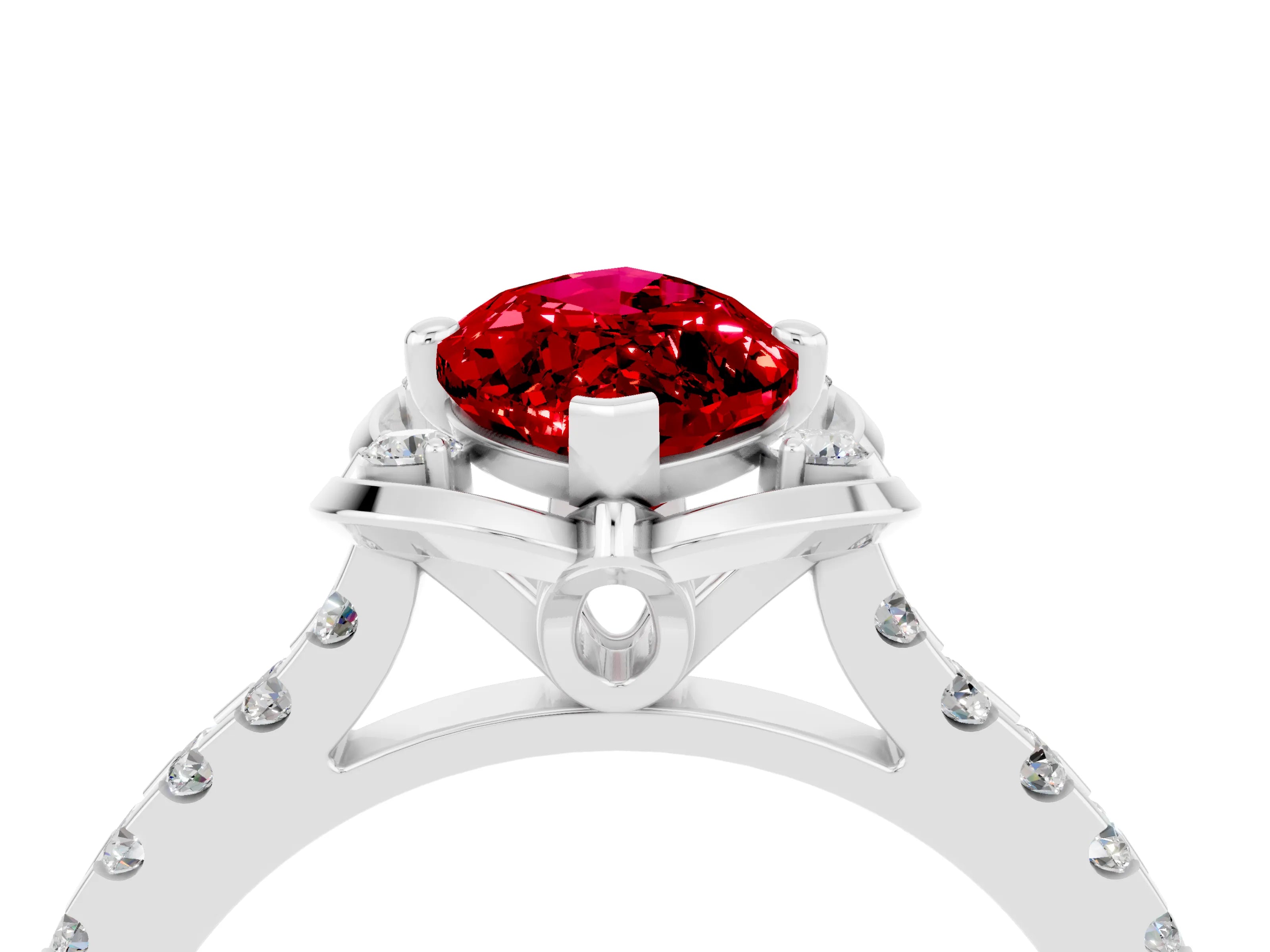 White gold Marquise Cut Ruby Ring with Pavé Band and Floral Prong Setting_4