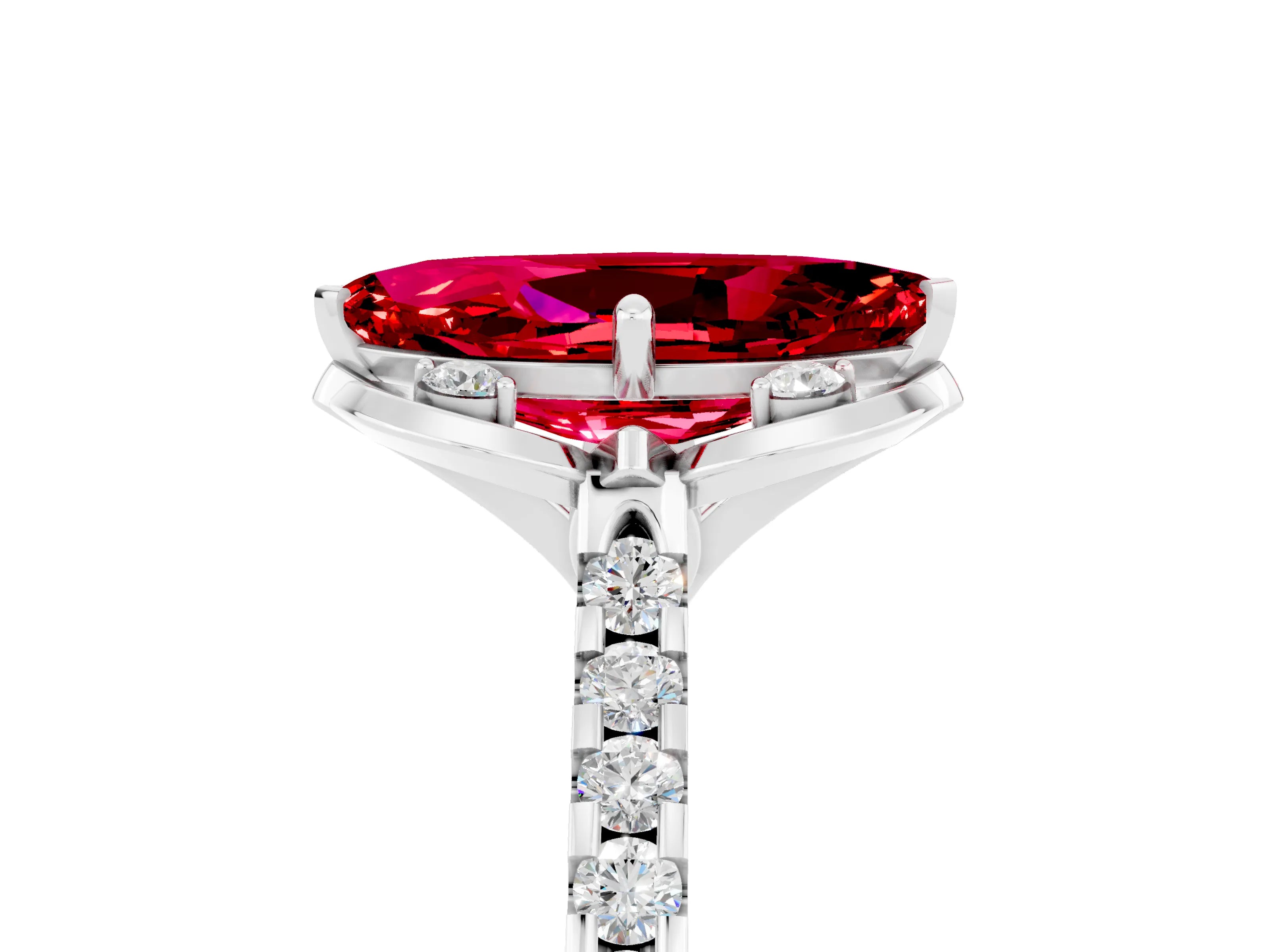 White gold Marquise Cut Ruby Ring with Pavé Band and Floral Prong Setting_5