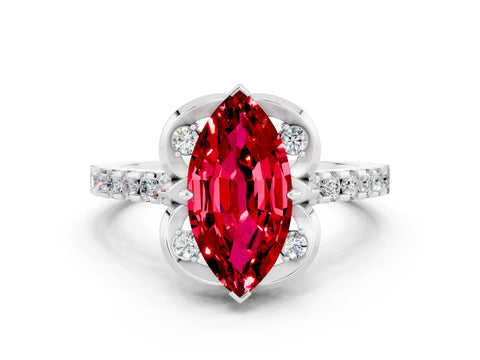 White gold Marquise Cut Ruby Ring with Pavé Band and Floral Prong Setting