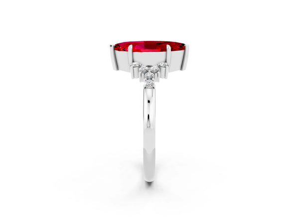 White gold Marquise Cut Ruby Ring with Side Stones and Four-Prong Setting