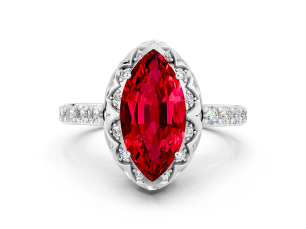Platinum Marquise Cut Ruby Scalloped Halo Engagement Ring with Round Shared Prong Band