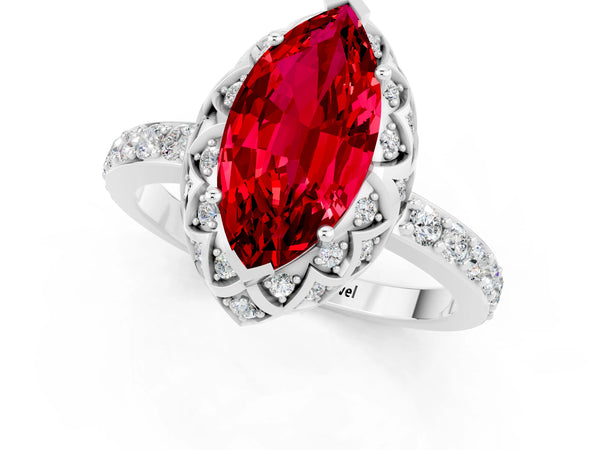 Silver Marquise Cut Ruby Scalloped Halo Engagement Ring with Round Shared Prong Band
