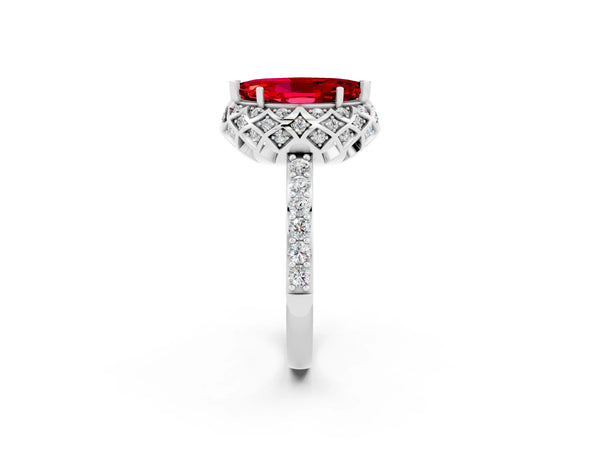 White gold Marquise Cut Ruby Scalloped Halo Engagement Ring with Round Shared Prong Band