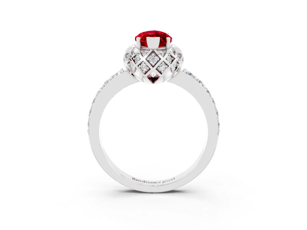 Platinum Marquise Cut Ruby Scalloped Halo Engagement Ring with Round Shared Prong Band
