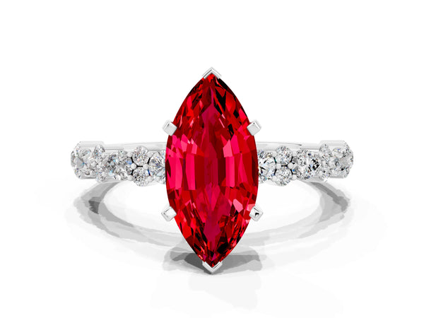 White gold Marquise Cut Ruby Side Stone Solitaire Ring with Round  and Four-Prong Setting