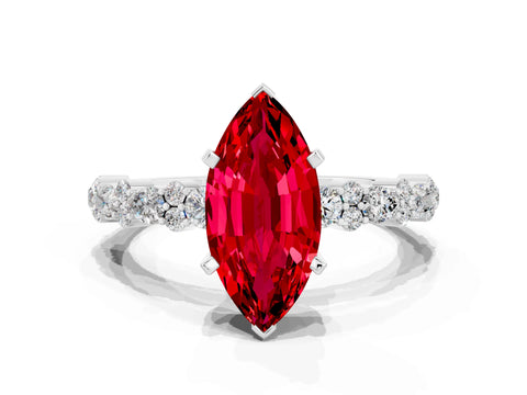 White gold Marquise Cut Ruby Side Stone Solitaire Ring with Round  and Four-Prong Setting_48