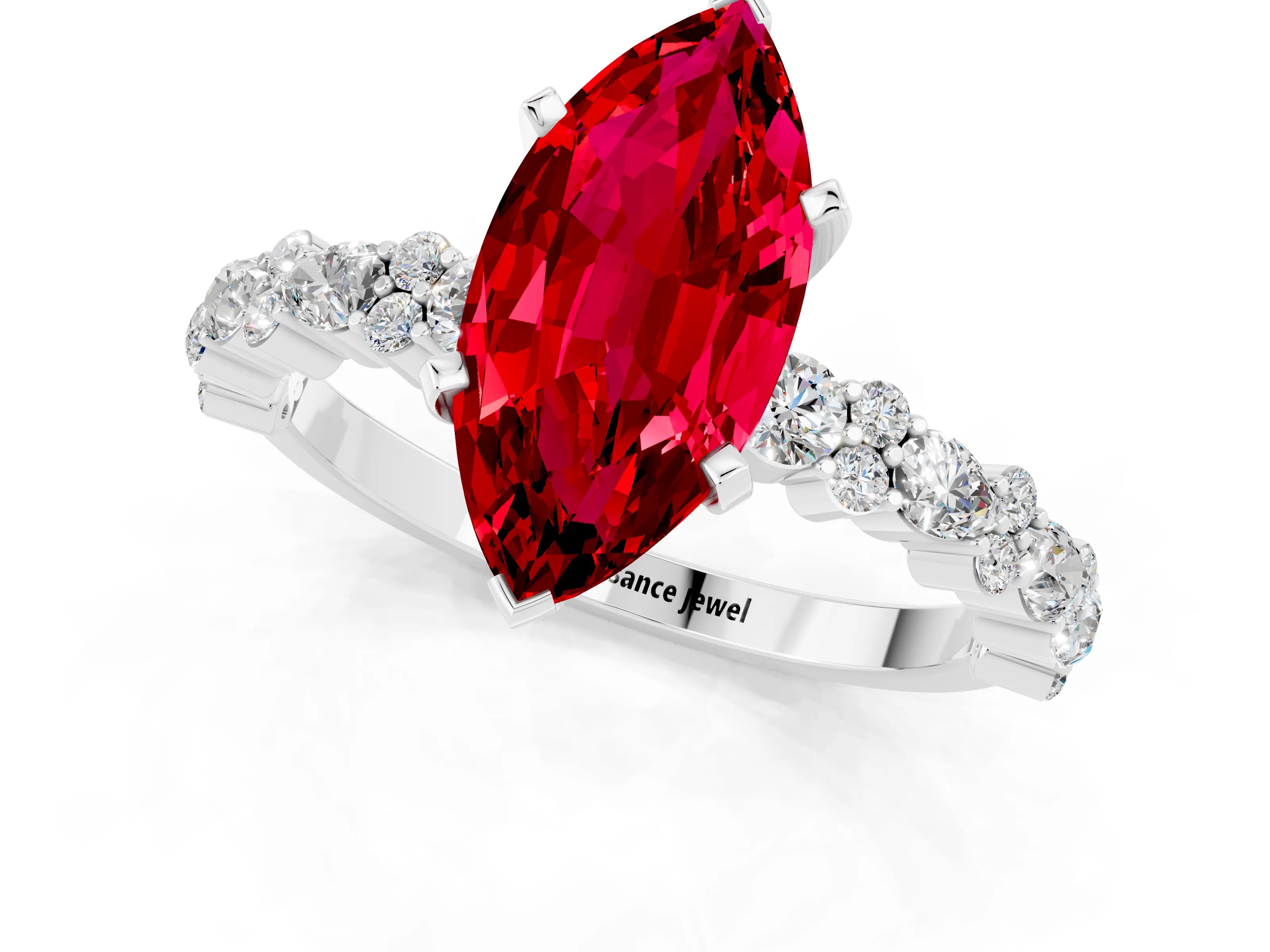 White gold Marquise Cut Ruby Side Stone Solitaire Ring with Round  and Four-Prong Setting_49