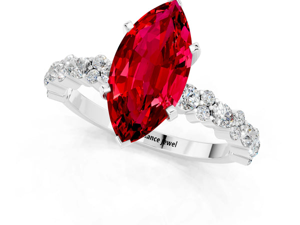 Platinum Marquise Cut Ruby Side Stone Solitaire Ring with Round  and Four-Prong Setting
