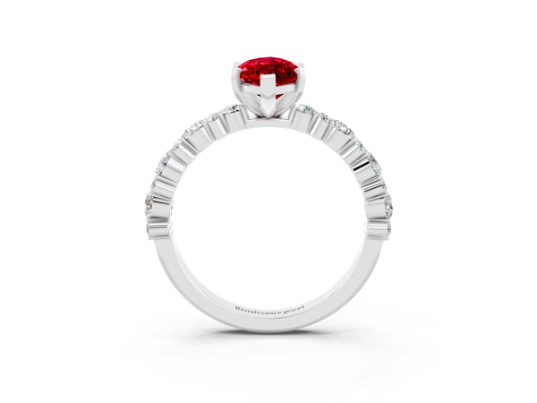 Silver Marquise Cut Ruby Side Stone Solitaire Ring with Round  and Four-Prong Setting