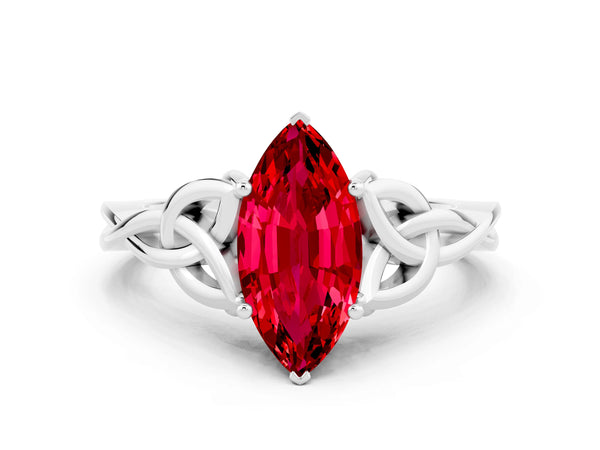 Silver Marquise Cut Ruby Solitaire Celtic Knot Ring with Four-Prong Setting