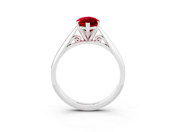 Platinum Marquise Cut Ruby Solitaire Engagement Ring with Cathedral Setting and Four-Prong Mount