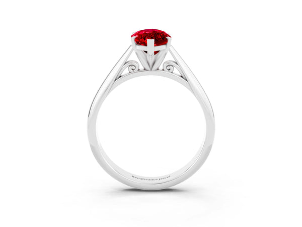 White gold Marquise Cut Ruby Solitaire Engagement Ring with Cathedral Setting and Four-Prong Mount