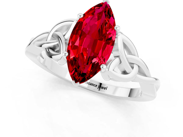 White gold Marquise Cut Ruby Solitaire Engagement Ring with Celtic Knot Band and Four-Prong Setting