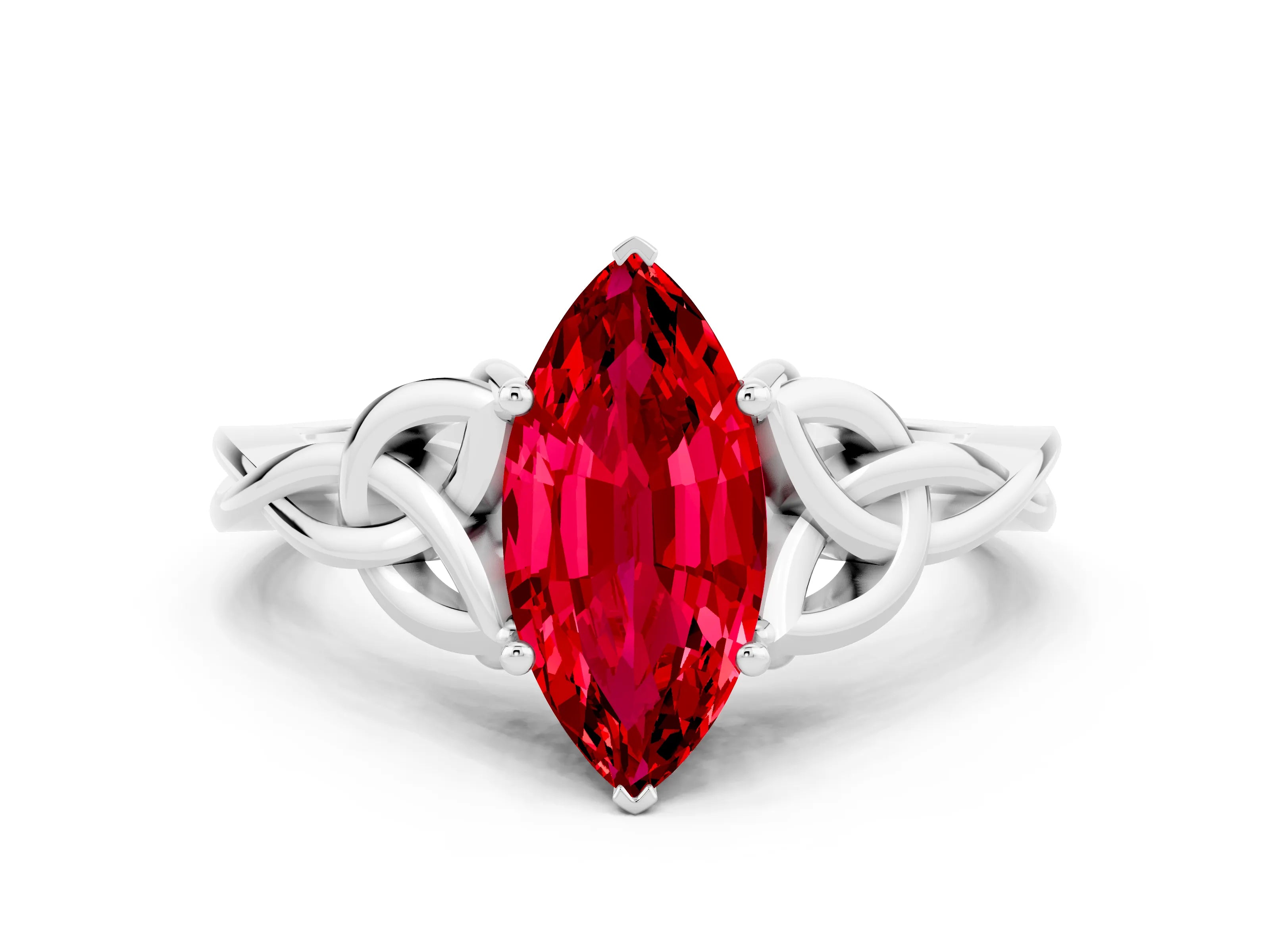 White gold Marquise Cut Ruby Solitaire Engagement Ring with Celtic Knot Band and Four-Prong Setting