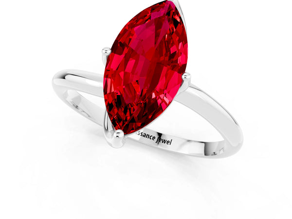 Platinum Marquise Cut Ruby Solitaire Engagement Ring with Four-Prong Setting and Classic Band
