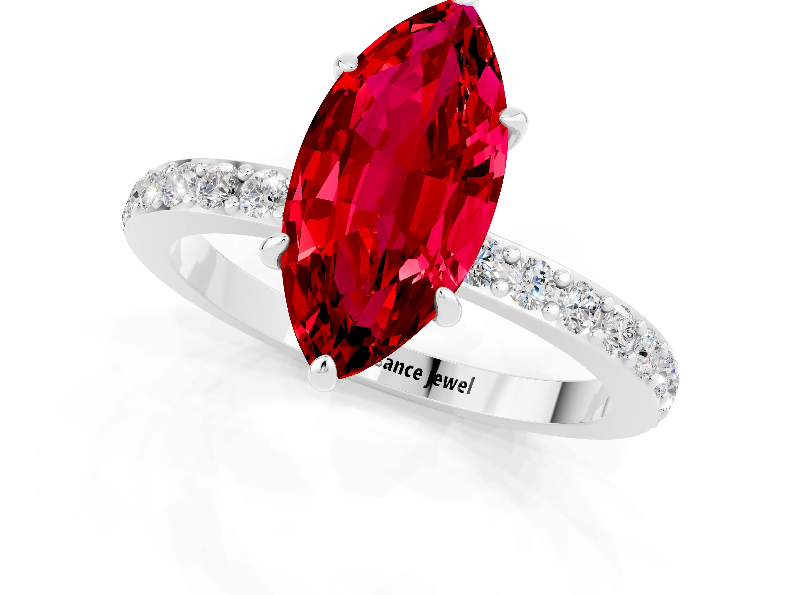 White gold Marquise Cut Ruby Solitaire Engagement Ring with Pavé Band and Four-Prong Setting_1