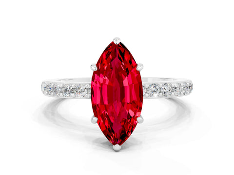 White gold Marquise Cut Ruby Solitaire Engagement Ring with Pavé Band and Four-Prong Setting
