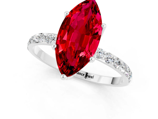 Silver Marquise Cut Ruby Solitaire Engagement Ring with Round  Pavé Band and Prong Setting