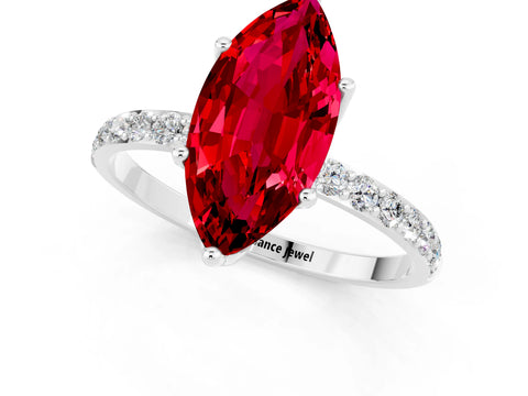 White gold Marquise Cut Ruby Solitaire Engagement Ring with Pavé Band and Prong Setting_1